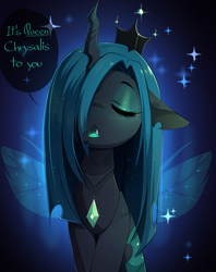 Size: 2820x3564 | Tagged: safe, artist:magnaluna, character:queen chrysalis, species:changeling, :<, blushing, changeling queen, crown, cute, cutealis, dialogue, eyes closed, fangs, female, hair over one eye, jewelry, open mouth, regalia, speech bubble