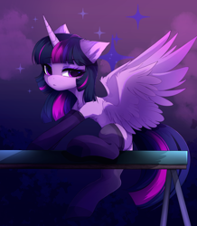 Size: 2980x3421 | Tagged: safe, artist:magnaluna, character:twilight sparkle, character:twilight sparkle (alicorn), species:alicorn, species:pony, adorasexy, balancing beam, cheek fluff, chest fluff, clothing, cute, ear fluff, female, high res, leg fluff, mare, sexy, sitting, socks, solo, spread wings, stockings, thigh highs, twiabetes, wings
