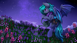 Size: 2920x1642 | Tagged: safe, artist:pridark, oc, oc only, species:bat pony, species:pony, bat pony oc, bat wings, commission, flying, mountain, night, night sky, scenery, sky, solo, stars, watering can, wings
