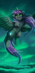 Size: 2117x4387 | Tagged: safe, artist:pridark, oc, oc only, oc:aurora, species:alicorn, species:pony, absurd resolution, alicorn oc, aurora borealis, commission, cutie mark, flying, horn, open mouth, pun, solo, visual gag, wings