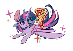 Size: 1280x908 | Tagged: safe, artist:phyllismi, character:sunset shimmer, character:twilight sparkle, character:twilight sparkle (alicorn), species:alicorn, species:pony, species:unicorn, g4, big ears, duo, female, flying, looking back, mare, plushie, simple background, sparkles, transparent background