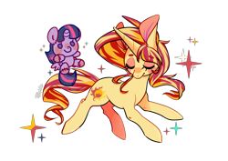 Size: 1280x908 | Tagged: safe, artist:phyllismi, character:sunset shimmer, character:twilight sparkle, character:twilight sparkle (alicorn), species:alicorn, species:pony, species:unicorn, g4, big ears, duo, eyes closed, female, mare, plushie, simple background, sparkles, transparent background