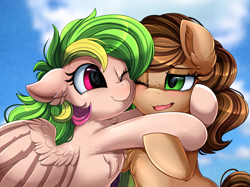 Size: 2379x1783 | Tagged: safe, artist:pridark, oc, oc only, oc:fruity extra, oc:nutty special, species:earth pony, species:pegasus, species:pony, g4, bust, commission, cute, duo, hug, one eye closed, open mouth, portrait, smiling