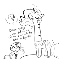 Size: 2250x2250 | Tagged: safe, artist:tjpones, character:princess celestia, character:princess luna, species:alicorn, species:pony, g4, :|, body writing, eyes closed, female, levitation, lineart, long neck, looking up, magic, mare, marker, monochrome, open mouth, pen, princess necklestia, pun, ruler, simple background, size difference, snooty, spread wings, telekinesis, visual gag, wat, white background, wide eyes, wings