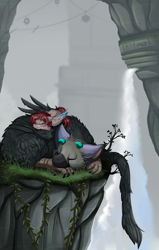 Size: 2550x4009 | Tagged: safe, artist:pridark, commissioner:kaifloof, oc, oc:rose scribbles, species:pegasus, species:pony, g4, absurd resolution, commission, crossover, eyes closed, the last guardian, trico, video game crossover