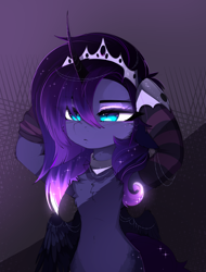 Size: 2536x3337 | Tagged: safe, artist:magnaluna, character:princess luna, species:alicorn, species:pony, g4, bipedal, blushing, cheek fluff, chest fluff, clothing, crown, cute, emo, ethereal mane, female, galaxy mane, gloves, high res, jewelry, leg fluff, lunabetes, regalia, solo, striped gloves