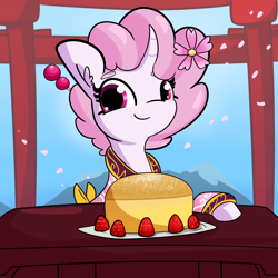 Size: 2250x2250 | Tagged: safe, artist:tjpones, oc, oc:sakuragi-san, species:pony, species:unicorn, g4, birthday cake, cake, cherry blossoms, curved horn, female, flower, flower blossom, flower in hair, flower petals, food, horn, japan, looking at you, mare, strawberry