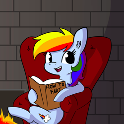 Size: 2250x2250 | Tagged: safe, artist:tjpones, edit, character:rainbow dash, species:pegasus, species:pony, g4, book, female, fire, fireplace, mare, open mouth, rainbow dash presents, solo