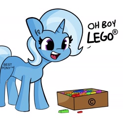 Size: 1818x1818 | Tagged: safe, artist:tjpones, edit, character:trixie, species:pony, species:unicorn, g4, alternate cutie mark, best pony, copyright, cute, dialogue, diatrixes, female, lego, mare, pills, simple background, solo, trademark, white background