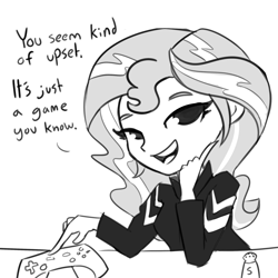 Size: 2250x2250 | Tagged: safe, artist:tjpones, character:sunset shimmer, species:human, g4, my little pony:equestria girls, controller, female, food, grayscale, hypocritical humor, monochrome, role reversal, salt, smug, smugset shimmer, solo, you seem upset