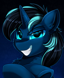 Size: 1446x1764 | Tagged: safe, artist:pridark, oc, oc:blueglow, species:pony, species:unicorn, g4, blue eyes, bust, commission, handsome, looking at you, male, portrait, smiling, solo