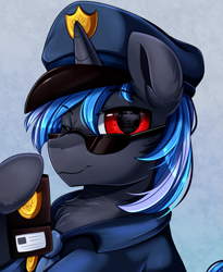 Size: 1443x1764 | Tagged: safe, artist:pridark, oc, oc only, species:pony, species:unicorn, g4, bust, chest fluff, clothing, commission, cute, handsome, male, police hat, police officer, police uniform, portrait, red eyes, solo, sunglasses, uniform