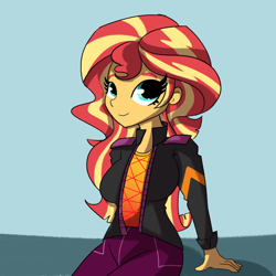 Size: 2700x2700 | Tagged: safe, artist:tjpones, character:sunset shimmer, species:eqg human, g4, my little pony:equestria girls, blue background, blue eyes, breasts, busty sunset shimmer, clothing, cute, eyelashes, female, jacket, looking at you, pants, reclining, shimmerbetes, shirt, simple background, solo