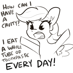 Size: 2250x2250 | Tagged: safe, artist:tjpones, character:rainbow dash, species:pegasus, species:pony, g4, female, lineart, mare, monochrome, open mouth, rainbow dumb, simple background, solo, spread hooves, too dumb to live, white background
