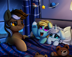 Size: 3215x2540 | Tagged: safe, artist:pridark, oc, oc only, species:pony, species:unicorn, g4, bed, bedroom, commission, cute, high res, indoors, night, night sky, open mouth, planet, sky, stars, teddy bear, window