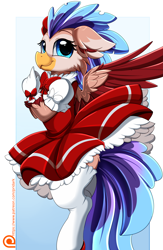 Size: 2343x3595 | Tagged: safe, artist:pridark, patreon reward, oc, oc only, species:hippogriff, g4, anime, cardcaptor sakura, clothing, cosplay, costume, crossdressing, crossover, cute, high res, hippogriff oc, male, patreon, patreon logo, pretty, solo