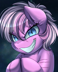 Size: 1424x1764 | Tagged: safe, artist:pridark, oc, oc:deathwish, species:earth pony, species:pony, g4, blue eyes, bust, chest fluff, commission, creepy, evil grin, grin, looking at you, portrait, smiling, solo