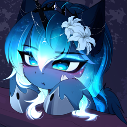 Size: 825x828 | Tagged: safe, artist:magnaluna, character:princess luna, species:alicorn, species:pony, g4, blushing, crown, cute, female, filly, flower, flower in hair, jewelry, lunabetes, regalia, solo, woona, younger