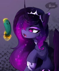 Size: 2894x3510 | Tagged: safe, artist:magnaluna, character:princess luna, species:alicorn, species:pony, g4, :c, behaving like a cat, crown, cucumber, fangs, female, food, frown, hair over one eye, high res, hissing, hoof shoes, implied princess celestia, jewelry, magic, mare, open mouth, raised hoof, regalia, teary eyes, telekinesis