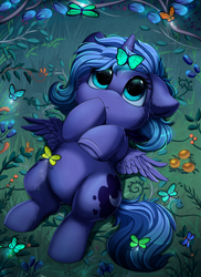 Size: 2550x3509 | Tagged: safe, artist:pridark, character:princess luna, species:alicorn, species:pony, g4, butterfly, cheek fluff, cute, cutie mark, dawwww, female, filly, floppy ears, flower, grass, high res, lunabetes, solo, spread wings, weapons-grade cute, wings, woona, younger