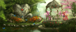 Size: 1939x823 | Tagged: safe, artist:devinian, character:big mcintosh, character:cheerilee, species:earth pony, species:pony, ship:cheerimac, episode:hearts and hooves day, g4, my little pony: friendship is magic, butterfly, flower, gazebo, male, necktie, rose, scenery, scenery porn, shipping, stallion, straight