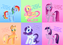 Size: 900x640 | Tagged: safe, artist:pekou, character:applejack, character:fluttershy, character:pinkamena diane pie, character:pinkie pie, character:rainbow dash, character:rarity, character:twilight sparkle, episode:magical mystery cure, g4, my little pony: friendship is magic, mane six, swapped cutie marks, what my cutie mark is telling me