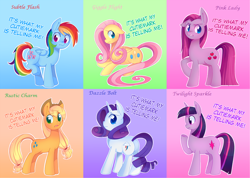 Size: 900x640 | Tagged: safe, artist:pekou, character:applejack, character:fluttershy, character:pinkie pie, character:rainbow dash, character:rarity, character:twilight sparkle, episode:magical mystery cure, g4, my little pony: friendship is magic, dazzle bolt, giggle flight, mane six, new names, rustic charm, spoiler, subtle flash, swapped cutie marks, text edit