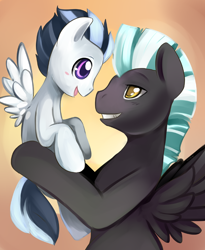 Size: 550x672 | Tagged: safe, artist:ende26, character:rumble, character:thunderlane, species:pony, brothers, cute, duo, holding a pony, looking at each other, male, profile, rumblebetes, smiling, spread wings, thunderbetes, wings