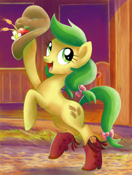Size: 1500x1987 | Tagged: safe, artist:yulyeen, character:apple fritter, apple family member, boots, clothing, happy, hat, hoof boots, ribbon