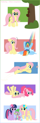Size: 1000x3021 | Tagged: safe, artist:ctb-36, character:fluttershy, character:pinkie pie, character:rainbow dash, character:spike, character:twilight sparkle, character:twilight sparkle (unicorn), species:dragon, species:earth pony, species:pegasus, species:pony, species:unicorn, catching, comic, crash, cute, egg, faceplant, falling, female, flower, flower in hair, hnnng, jumping, lying down, mare, rainbow trail, shyabetes, sitting, squirrel, tree