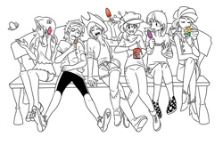 Size: 700x455 | Tagged: safe, artist:gomigomipomi, character:applejack, character:fluttershy, character:pinkie pie, character:rainbow dash, character:rarity, character:twilight sparkle, bench, food, humanized, ice cream, lineart, monochrome, popsicle