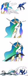 Size: 2528x6698 | Tagged: safe, artist:grievousfan, character:princess celestia, character:princess luna, character:queen chrysalis, species:alicorn, species:changeling, species:pony, changeling queen, cheeselegs, comic, dead, dialogue, female, mare, simple background, whistling, white background, x eyes