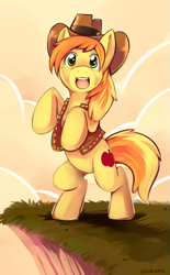 Size: 691x1113 | Tagged: safe, artist:ende26, character:braeburn, species:earth pony, species:pony, bipedal, clothing, hat, male, open mouth, smiling, solo, stallion