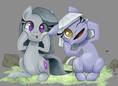 Size: 397x289 | Tagged: safe, artist:gatodelfuturo, edit, character:limestone pie, character:marble pie, species:earth pony, species:pony, animated, blep, cross-eyed, cute, female, filly, funny face, looking at you, one eye closed, open mouth, pie sisters, silly, silly face, sitting, smiling, tongue out, wink
