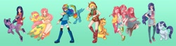 Size: 4000x1054 | Tagged: safe, artist:gomigomipomi, character:applejack, character:fluttershy, character:pinkamena diane pie, character:pinkie pie, character:rainbow dash, character:rarity, character:twilight sparkle, character:twilight sparkle (unicorn), species:earth pony, species:human, species:pegasus, species:pony, species:rabbit, species:unicorn, belly button, book, clothing, converse, dress, female, gloves, goggles, green background, human ponidox, humanized, mane six, mare, midriff, photoshop, quill, simple background, skirt, thigh highs, zettai ryouiki