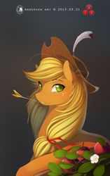 Size: 2000x3188 | Tagged: safe, artist:antiander, part of a set, character:applejack, species:earth pony, species:pony, beautiful, clothing, feather, female, freckles, hat, looking at you, mare, portrait, solo