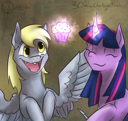 Size: 949x900 | Tagged: safe, artist:aeritus, artist:superedit, edit, character:derpy hooves, character:twilight sparkle, character:twilight sparkle (alicorn), species:alicorn, species:pony, ship:twerpy, female, lesbian, levitation, magic, mare, muffin, scalpel, shipping, snot, stitches, teeth, telekinesis