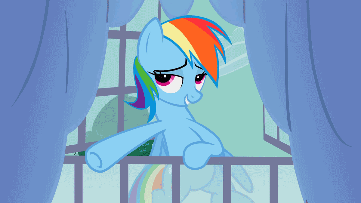 Size: 1200x675 | Tagged: safe, artist:superedit, edit, edited screencap, screencap, character:rainbow dash, species:pegasus, species:pony, episode:spike at your service, g4, my little pony: friendship is magic, animated, caption, female, flex, flexing, grin, image macro, lidded eyes, mare, muscles, rainbuff dash, smiling, underhoof