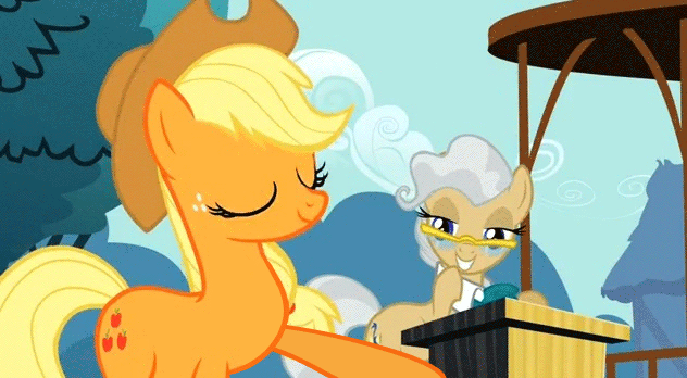 Size: 632x348 | Tagged: safe, artist:superedit, edit, edited screencap, screencap, character:applejack, character:mayor mare, animated, applejacked, eyes closed, female, flex, flexing, glasses, grin, lidded eyes, muscles, smiling, squee, stronk, wat