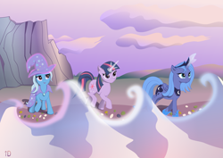 Size: 4213x2980 | Tagged: safe, artist:roadsleadme, character:princess luna, character:trixie, character:twilight sparkle, character:twilight sparkle (unicorn), species:alicorn, species:pony, species:unicorn, beach, cape, clothing, female, glowing horn, hat, hoof shoes, inkscape, magic, mare, s1 luna, svg, trio, trio female, trixie's cape, trixie's hat, vector