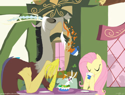 Size: 1022x781 | Tagged: safe, artist:grievousfan, character:angel bunny, character:discord, character:fluttershy, species:draconequus, species:pegasus, species:pony, species:rabbit, cafe, carrot, clover cafe, coffee, cup, drink, eyes closed, female, lunch, male, mare, salad, table, vector