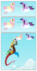 Size: 1728x3359 | Tagged: safe, artist:grievousfan, character:discord, character:fluttershy, character:twilight sparkle, character:twilight sparkle (alicorn), species:alicorn, species:draconequus, species:pegasus, species:pony, angry, bandage, brace, cloud, comic, female, injured, male, mare, messy mane, neck brace, on a cloud, prone, stifling laughter