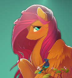 Size: 1008x1080 | Tagged: dead source, safe, artist:antiander, artist:shawnyall, character:fluttershy, species:bird, species:pegasus, species:pony, big wings, blushing, bust, female, green background, looking at you, mare, raised hoof, simple background, solo, spread wings, wings