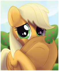 Size: 684x830 | Tagged: safe, artist:ctb-36, character:applejack, apple, apple tree, clothing, cowboy hat, ctb-36 is trying to murder us, cute, hat, jackabetes, sad, solo, tree, unhapplejack