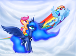 Size: 1262x930 | Tagged: safe, artist:ctb-36, character:princess luna, character:rainbow dash, character:scootaloo, species:pegasus, species:pony, ethereal mane, flying, scootalove, smiling, trio