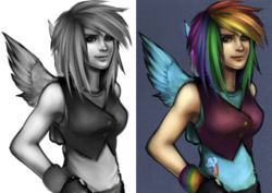 Size: 1024x724 | Tagged: safe, artist:rizcifra, character:rainbow dash, armpits, humanized, solo, winged humanization, wings