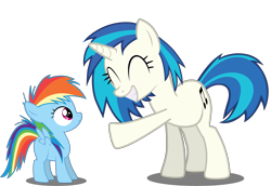 Size: 8000x5515 | Tagged: safe, artist:deratrox, character:dj pon-3, character:rainbow dash, character:vinyl scratch, species:pegasus, species:pony, species:unicorn, absurd resolution, age regression, blank flank, cutie mark, eyes closed, female, filly, foal, hooves, horn, mare, simple background, smiling, spread wings, teeth, transparent background, vector, wings, younger