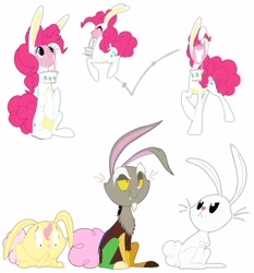Size: 3310x3550 | Tagged: safe, artist:grievousfan, character:angel bunny, character:discord, character:fluttershy, character:pinkie pie, species:earth pony, species:pony, species:rabbit, basket, bunnified, bunny costume, bunnyshy, clothing, costume, female, male, mare, mouth hold, pronking, simple background, species swap, white background