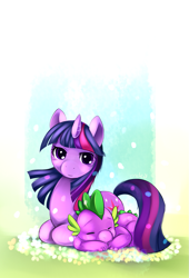 Size: 825x1211 | Tagged: safe, artist:ende26, character:spike, character:twilight sparkle, blushing, cuddling, cute, duo, eyes closed, flower, lidded eyes, mama twilight, petals, prone, shiny, sleeping, smiling, snuggling, spikelove