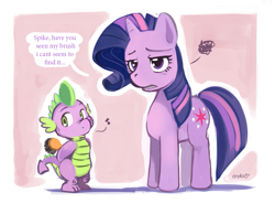 Size: 1011x744 | Tagged: safe, artist:ende26, character:spike, character:twilight sparkle, ship:twispike, alternate hairstyle, female, male, rarity hair, shipping, straight